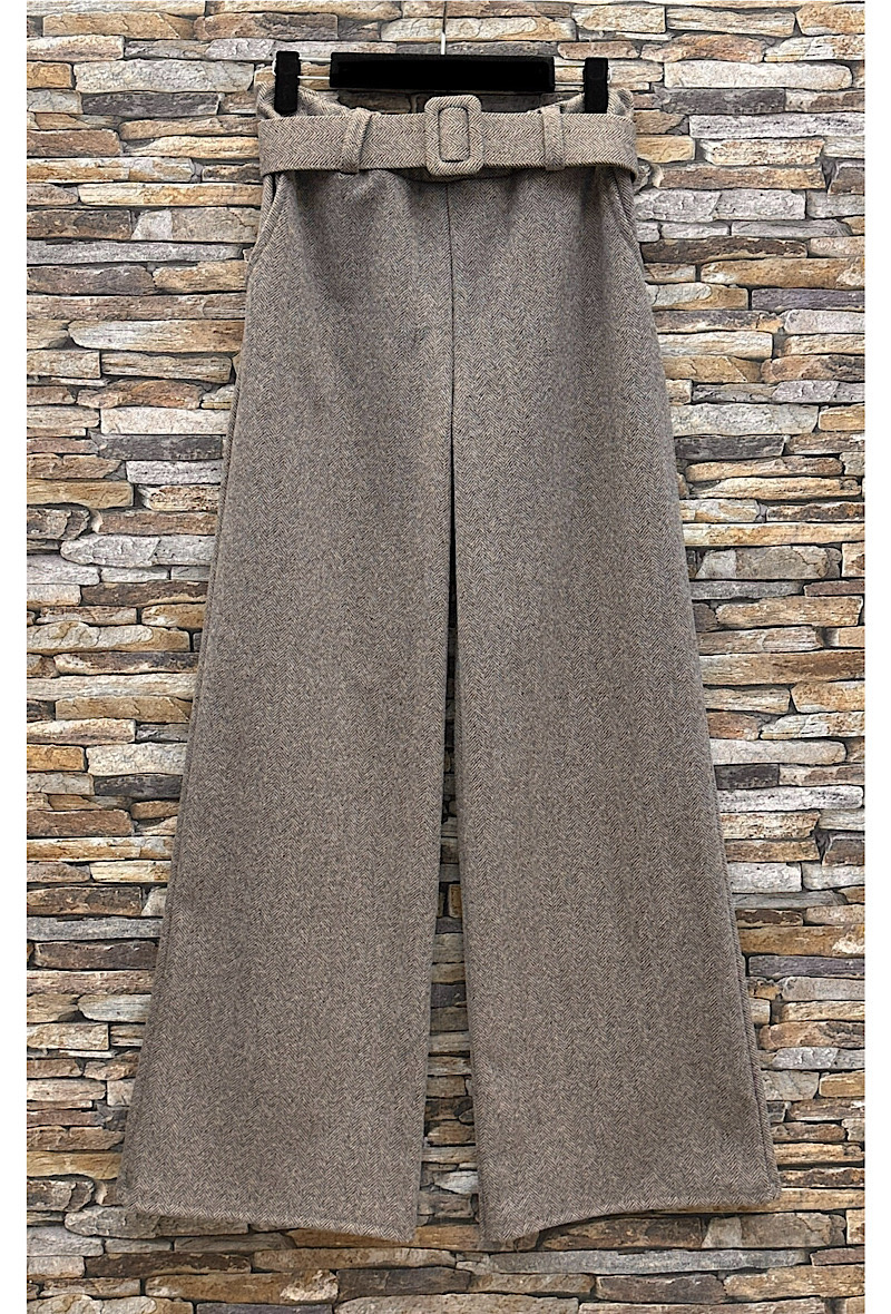 Grossiste Elle Style - Pantalon SHAN large palazzo flanelle Automnale. ceinture fait main avec poche