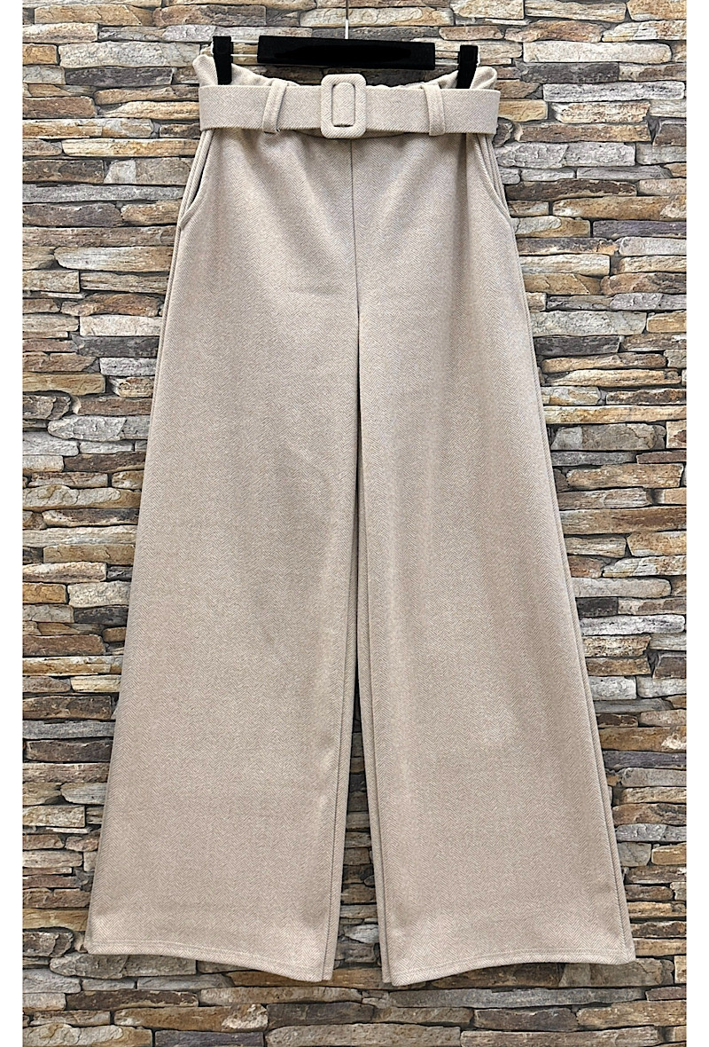 Grossiste Elle Style - Pantalon SHAN large palazzo flanelle Automnale. ceinture fait main avec poche