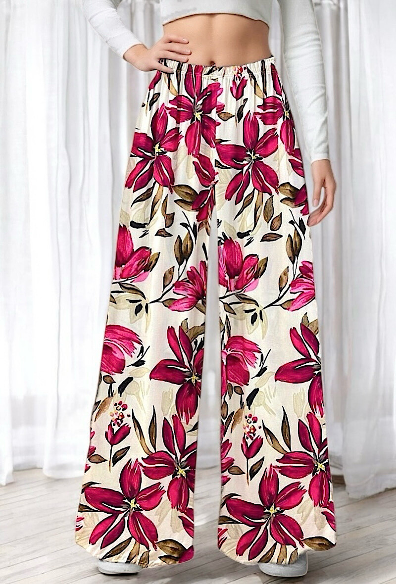 Grossiste Elle Style - Pantalon VISCOSA large imprimé, fluide et romantique en viscose