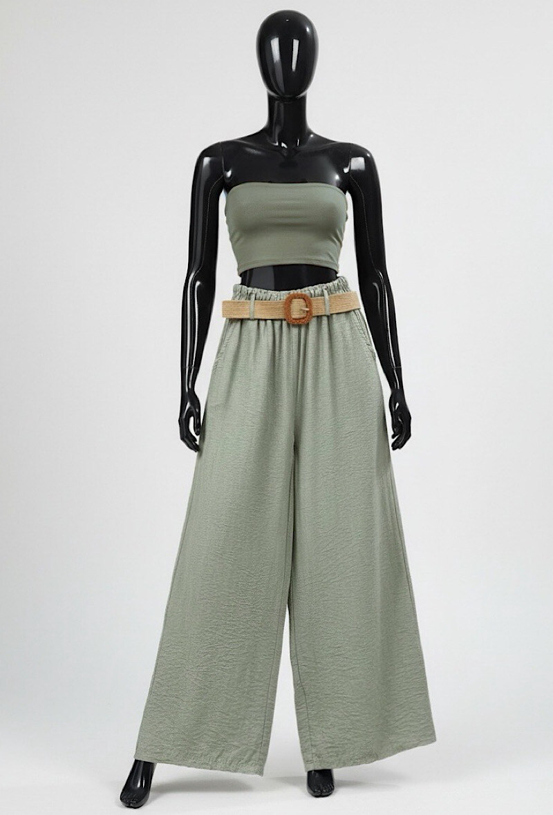 Grossiste Elle Style - Pantalon UNIKA très fluide et large en viscose, élastique à la taille avec ceinture et poches avant Chic et tendance.