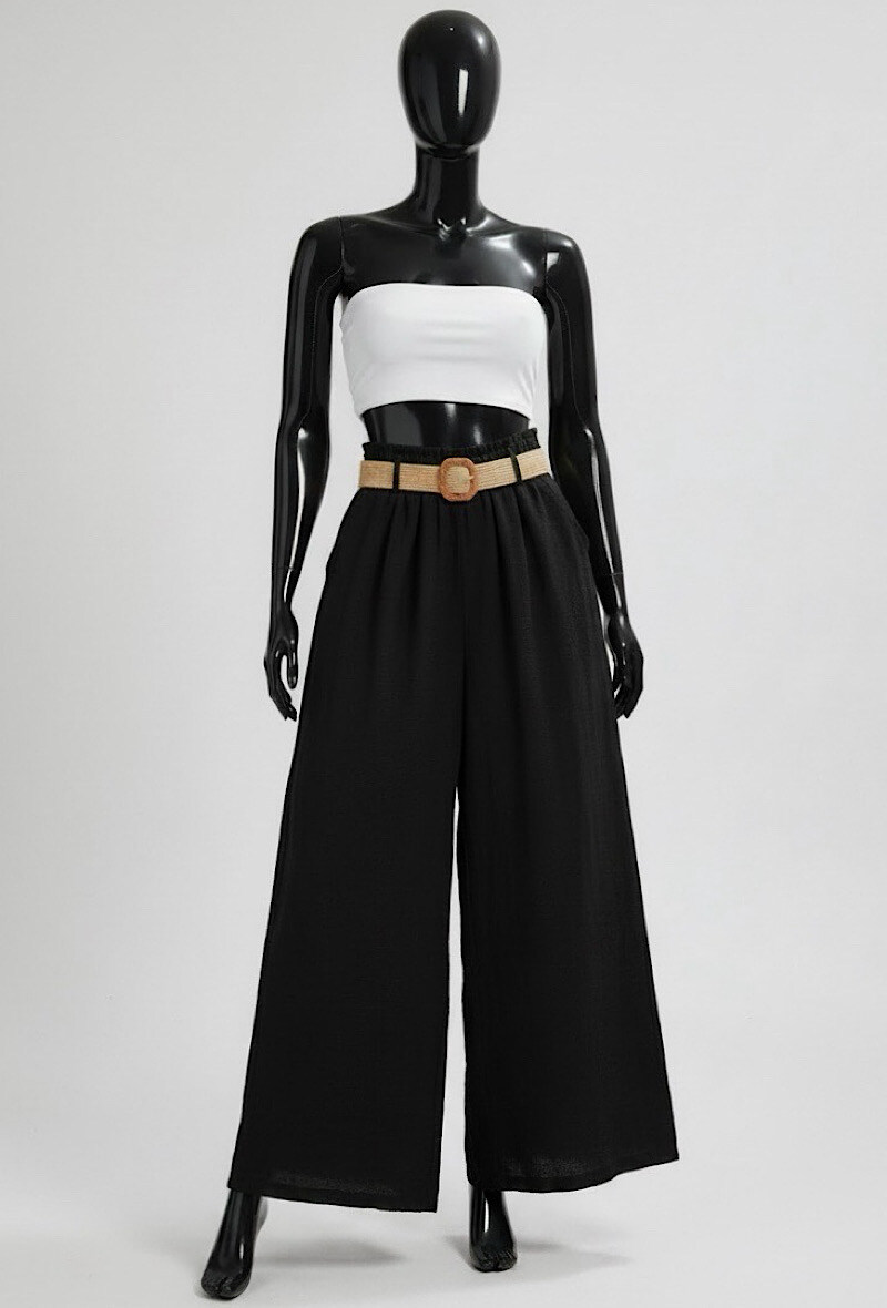 Grossiste Elle Style - Pantalon UNIKA très fluide et large en viscose, élastique à la taille avec ceinture et poches avant Chic et tendance.