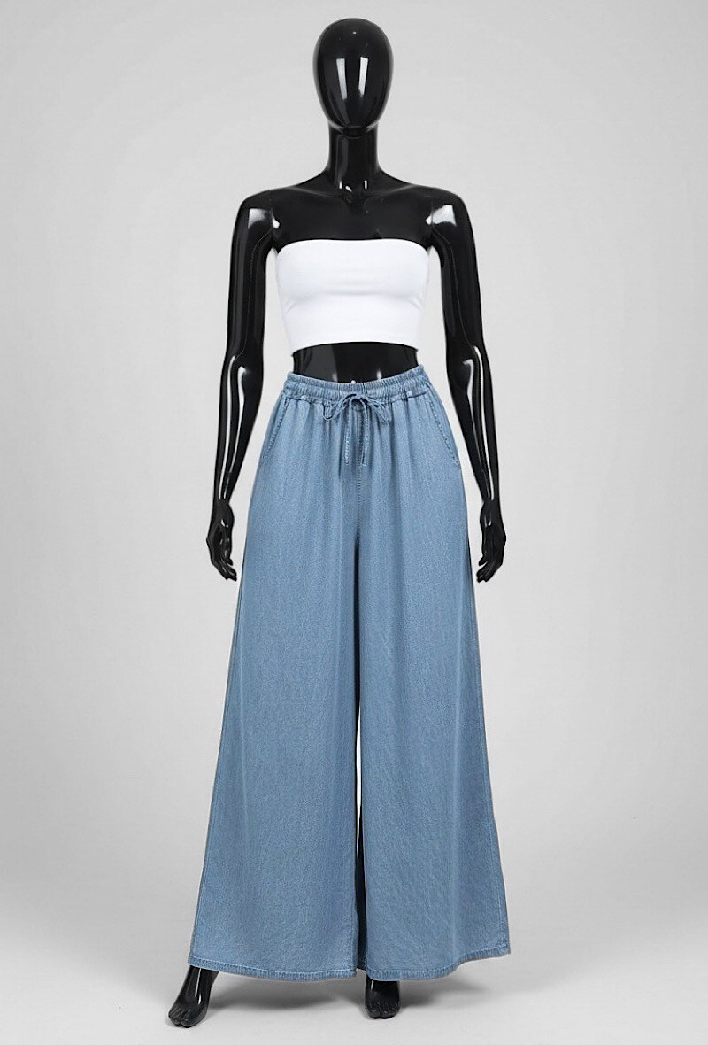 Mayorista Elle Style - Pantalones palazzo YVA muy fluidos en denim con bolsillos frontales y cintura elástica ajustable en MATERIAL LYOCELL