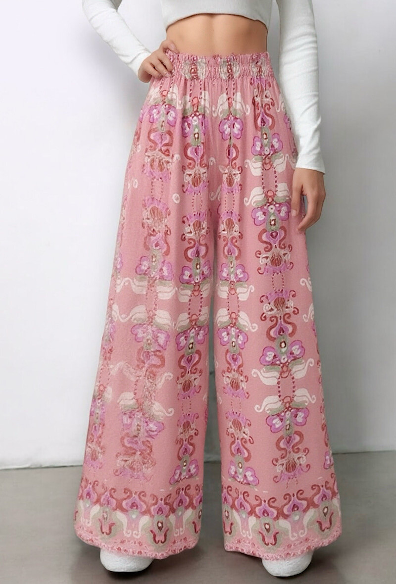 Grossiste Elle Style - Pantalon VISCOSA large imprimé, fluide et romantique en viscose