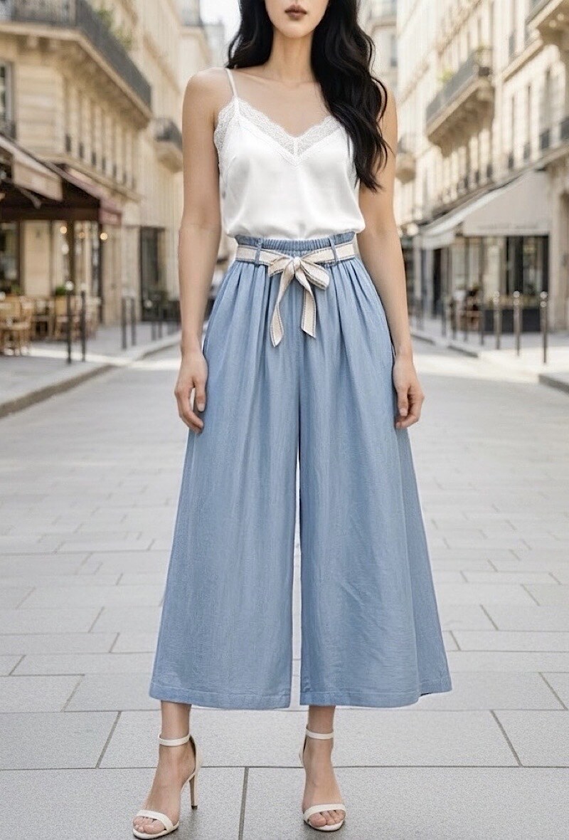 Grossista Elle Style - Pantaloni palazzo AVAT, molto fluidi in denim, con vita elastica in MATERIALE LYOCELL e cintura.