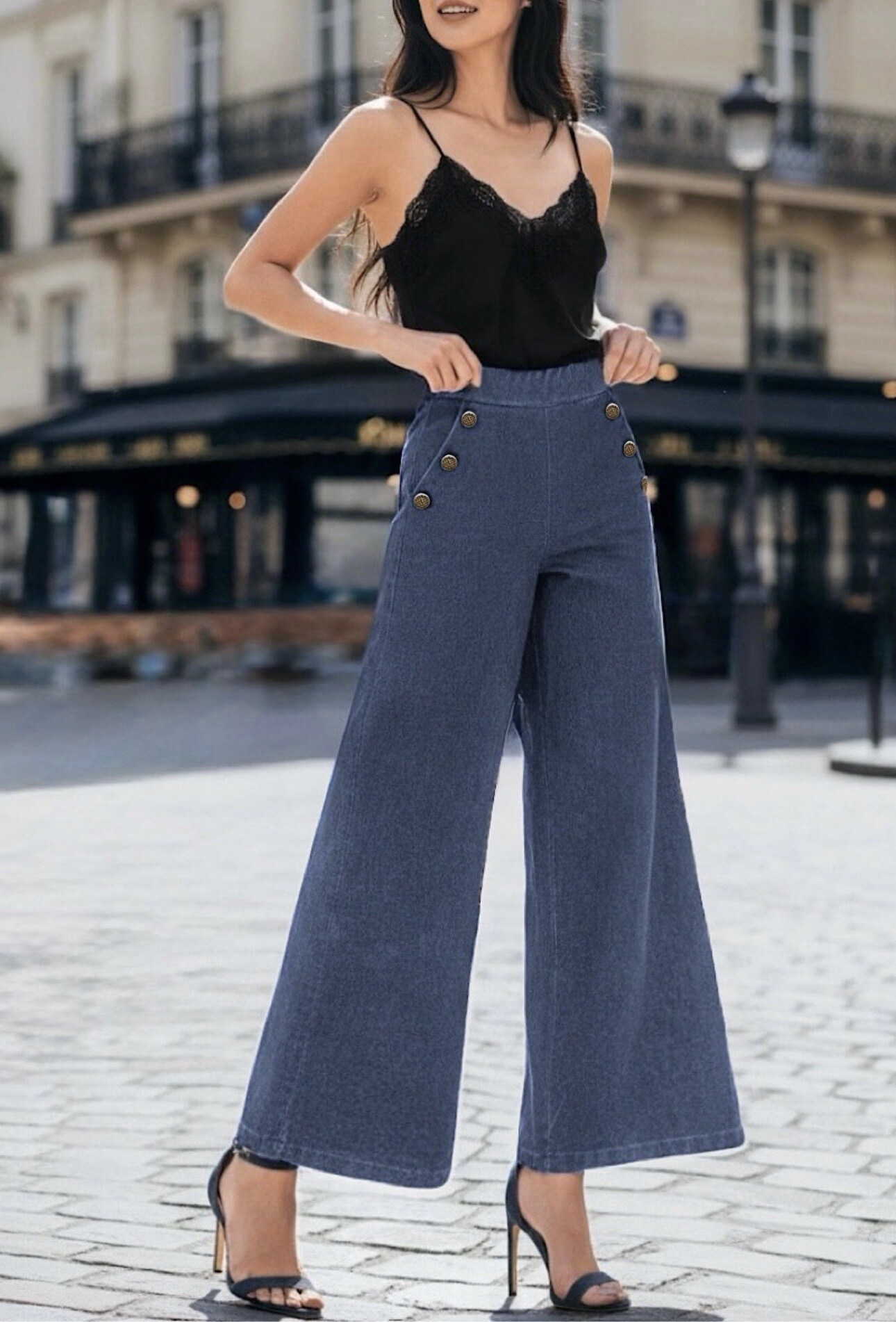 Grossista Elle Style - Pantaloni JENNA effetto jeans, ampio stile palazzo con bottone e tasche