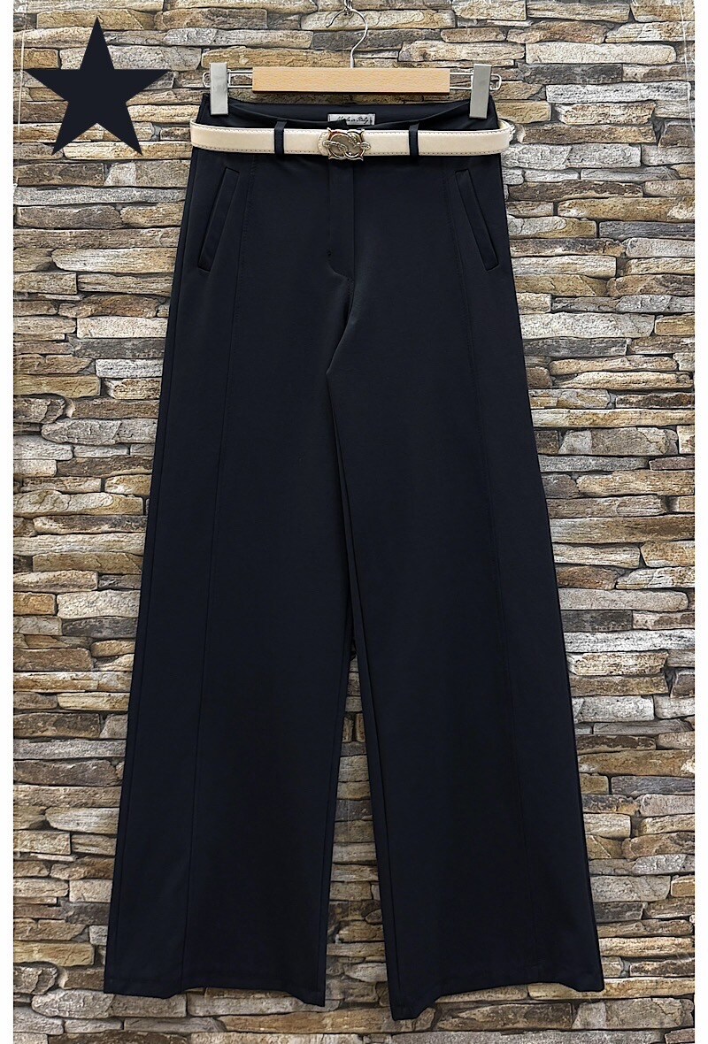 Grossista Elle Style - Pantaloni ampi LUISA in cotone milano, stile palazzo con zip, bottone e cintura chic e alla moda