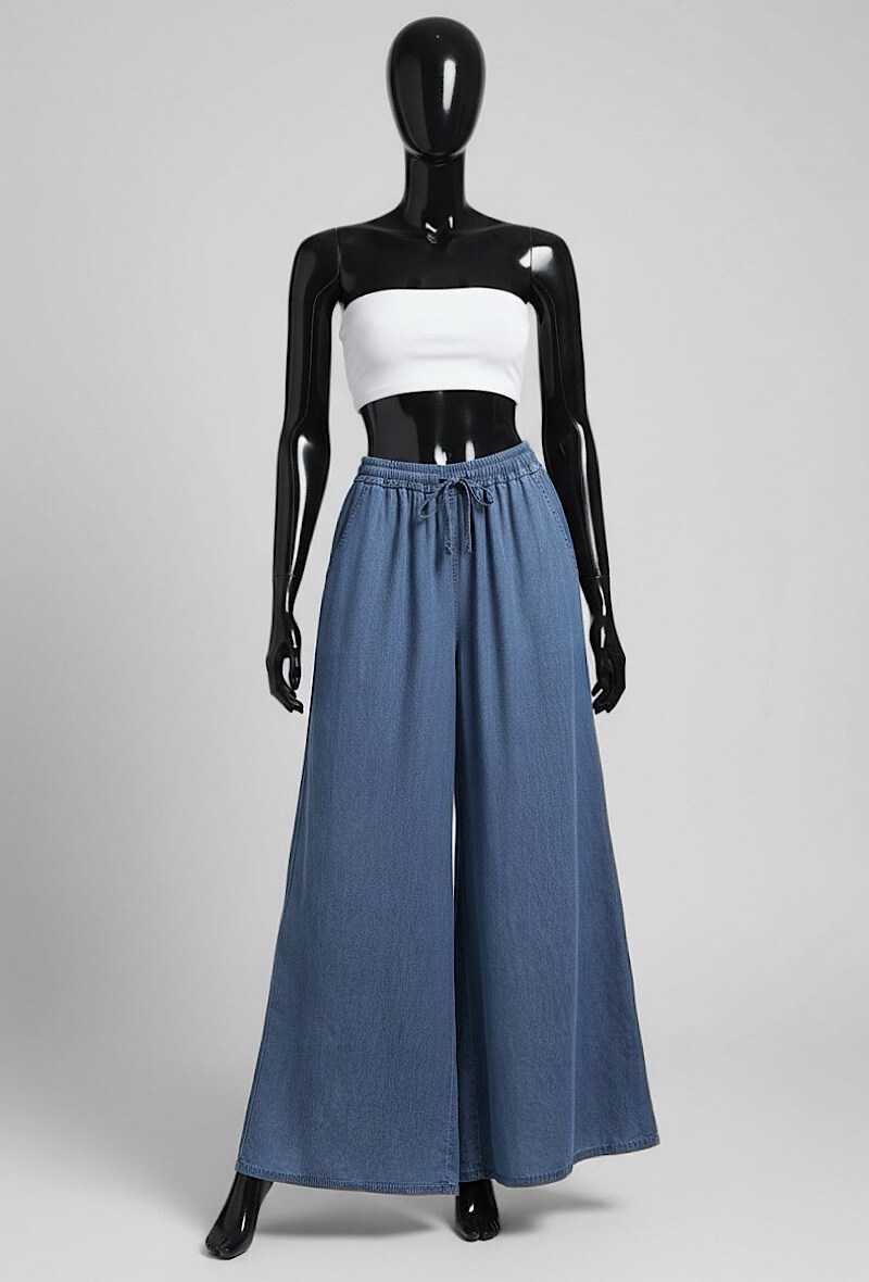 Mayorista Elle Style - Pantalones palazzo YVA muy fluidos en denim con bolsillos frontales y cintura elástica ajustable en MATERIAL LYOCELL