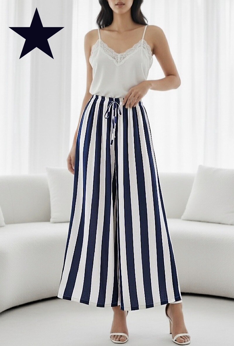Großhändler Elle Style - YUNA gestreifte Hose, sehr fließend und weit aus Viskose, mit elastischem Bund. Schick und modisch.
