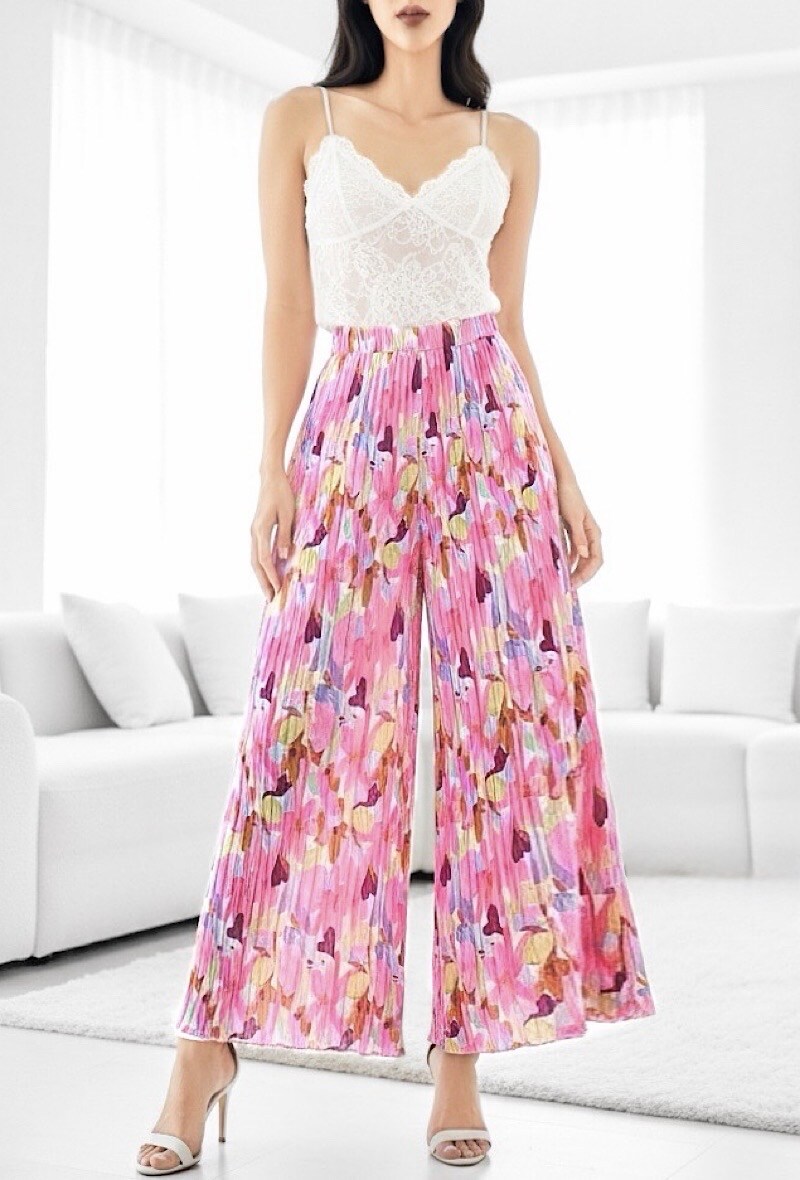 Grossista Elle Style - Pantaloni ROMY plissettati molto fluidi, stampati con FODERA PANTALONI LUNGA in viscosa.