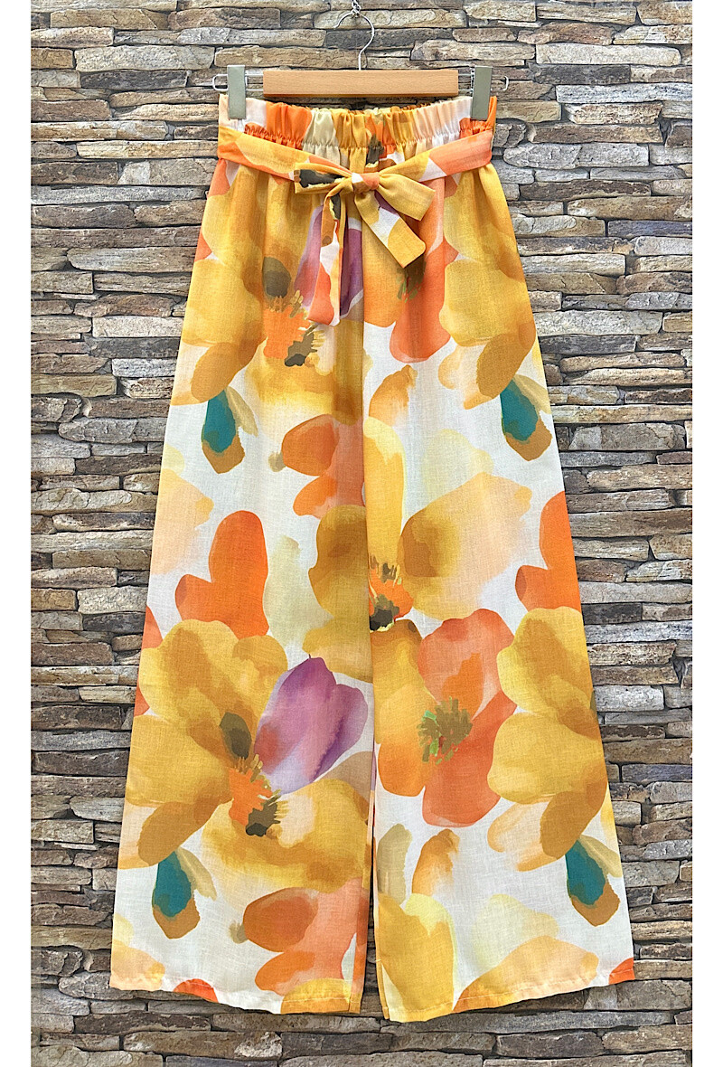 Grossiste Elle Style - Pantalon NINON, fluide imprimé, effet lin, bohème chic, taille élastique