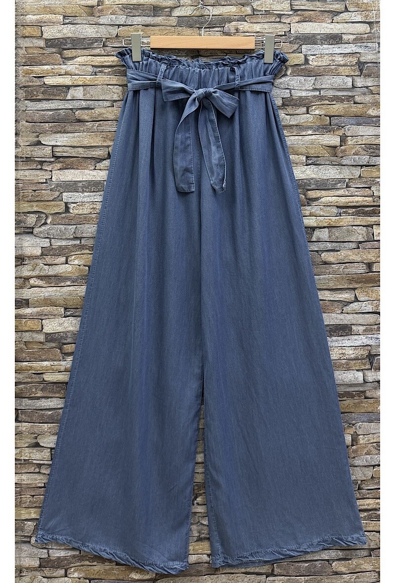 Grossista Elle Style - Pantaloni palazzo EWA molto fluidi in denim con cintura a nodo. Elastico in vita in MATERIALE LYOCELL