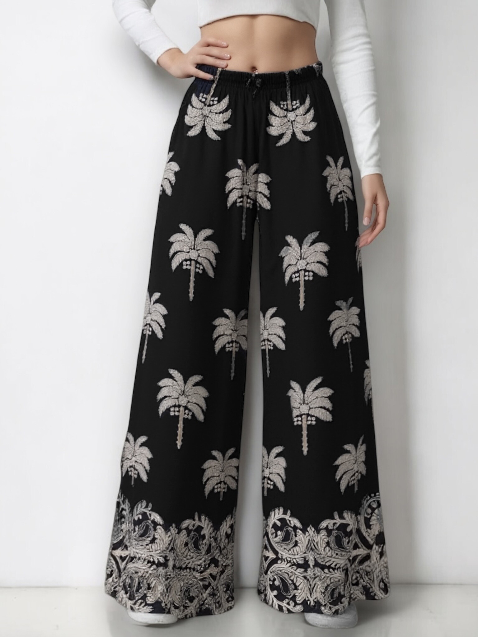 Grossiste Elle Style - Pantalon VISCOSA large imprimé, fluide et romantique en viscose