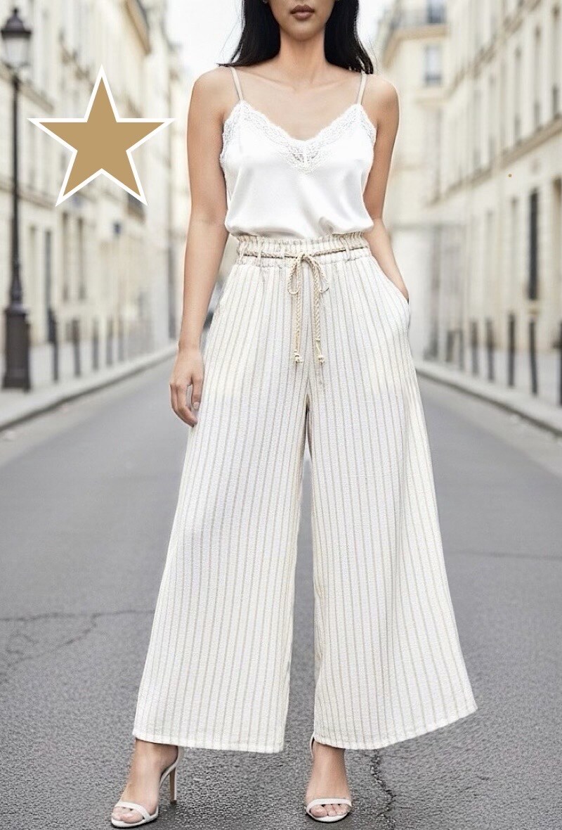 Mayorista Elle Style - Pantalón FRANK de pierna ancha efecto lino en viscosa con bolsillos frontales y cinturón bohemio