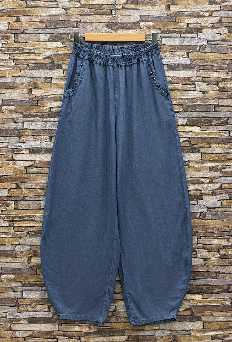 Großhändler Elle Style - LOULY Palazzo-Hose, sehr fließend aus Denim mit genieteten Vordertaschen und elastischem Bund aus LYOCELL-MATERIAL