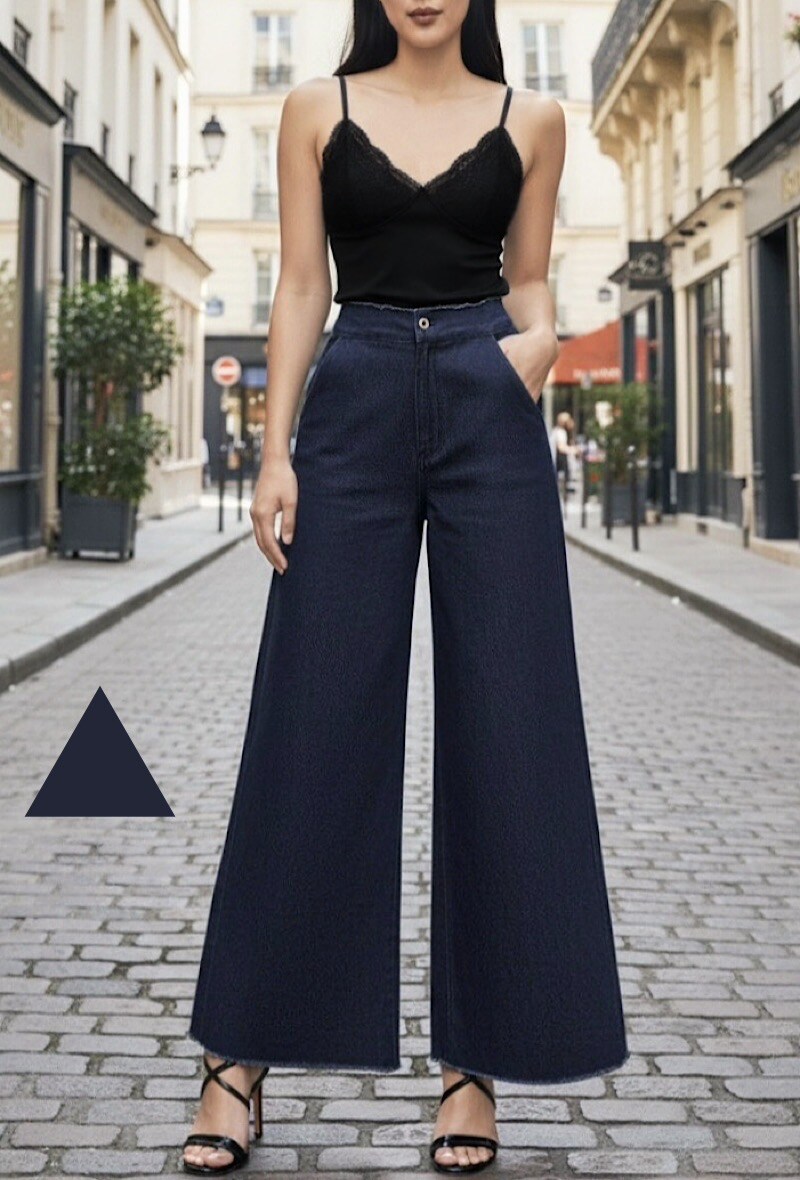 Grossista Elle Style - Pantaloni JINNA effetto jeans, stile palazzo ampio con bottone, zip frontale e tasche