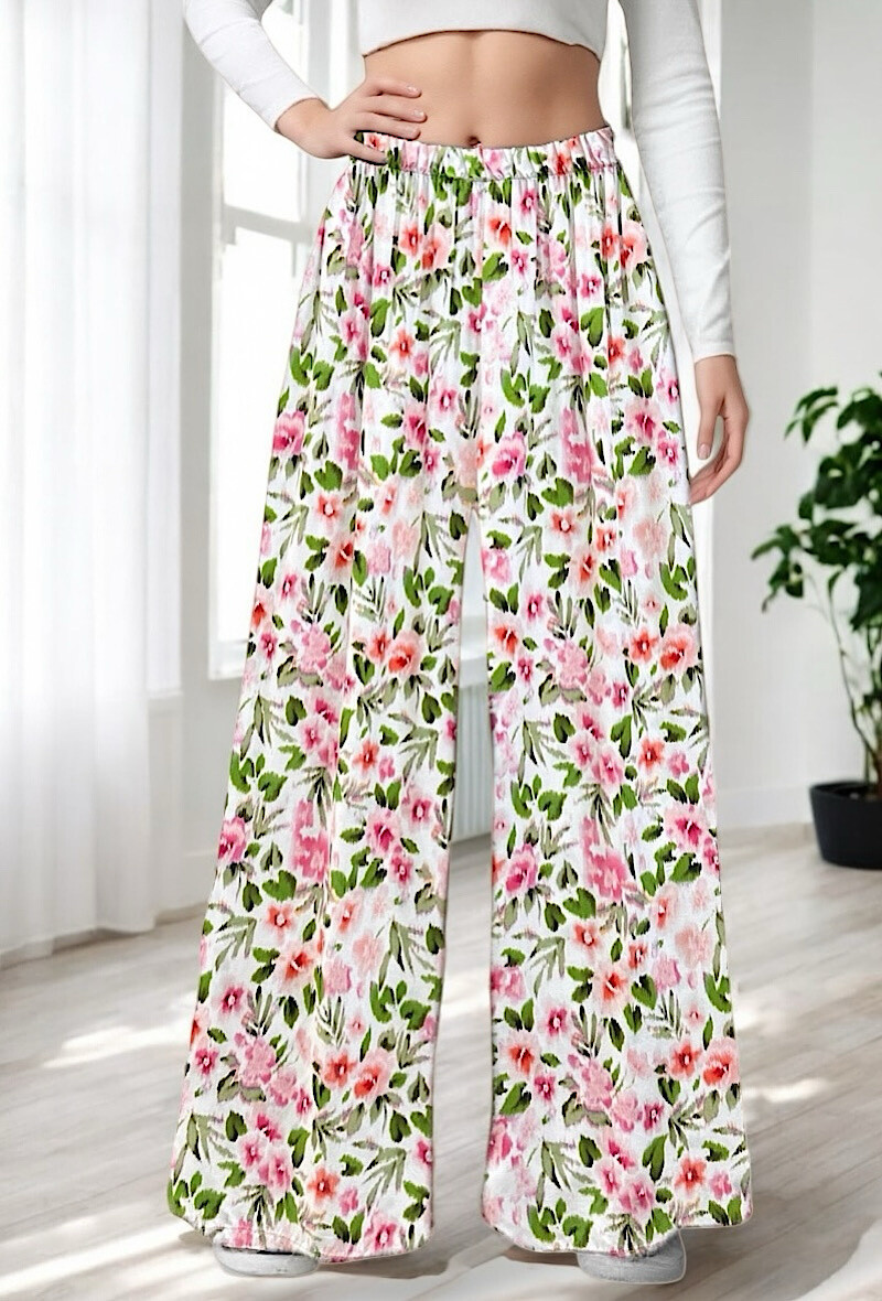 Grossista Elle Style - Pantaloni MELANIE larghi stampati, fluidi e romantici in viscosa