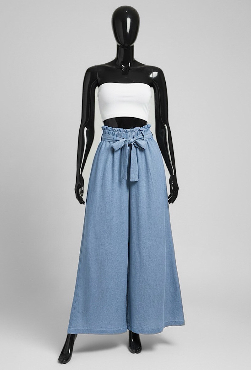 Mayorista Elle Style - Pantalones palazzo EWA muy fluidos en denim con cinturón de lazo. Cintura elástica en MATERIAL LYOCELL