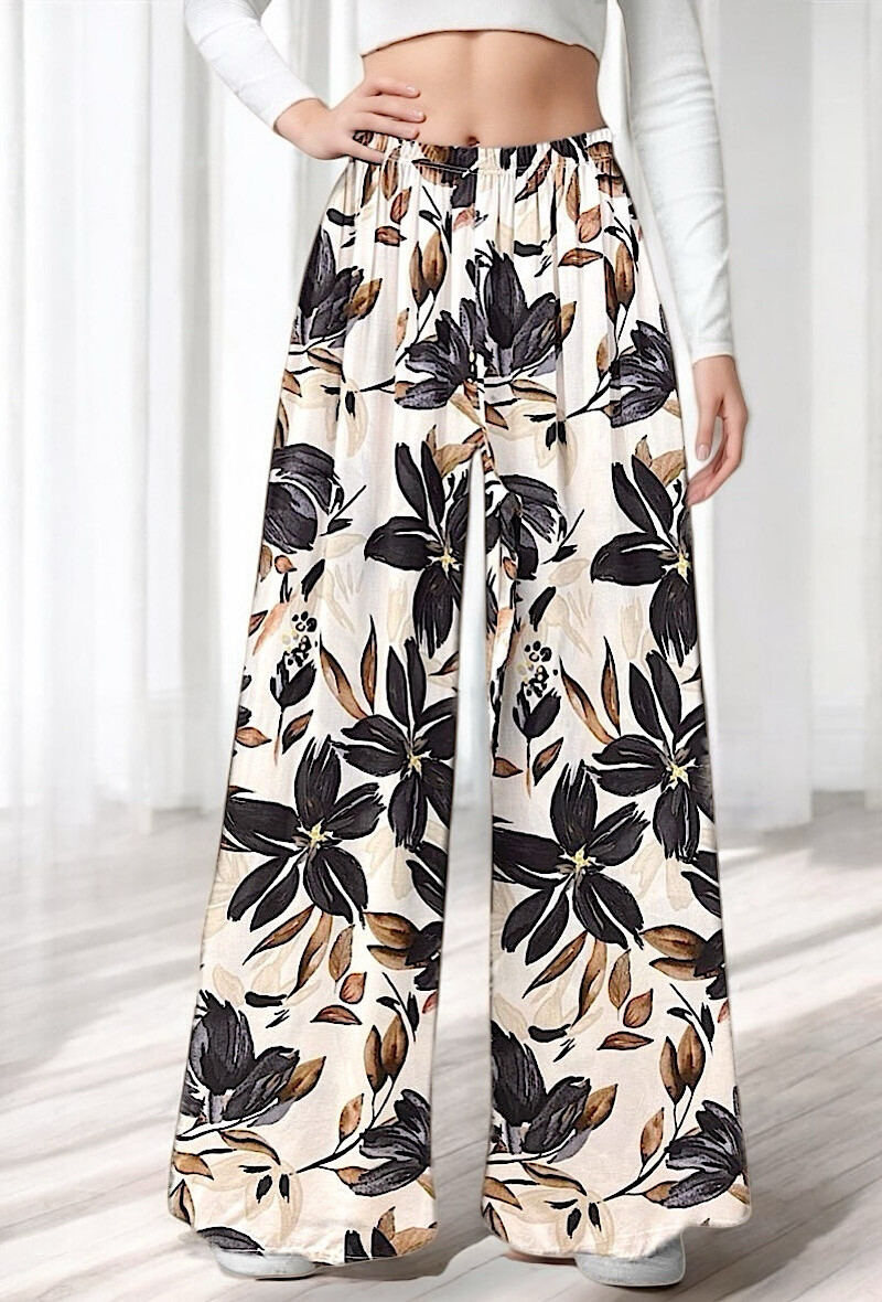 Grossista Elle Style - Pantaloni MELANIE larghi stampati, fluidi e romantici in viscosa