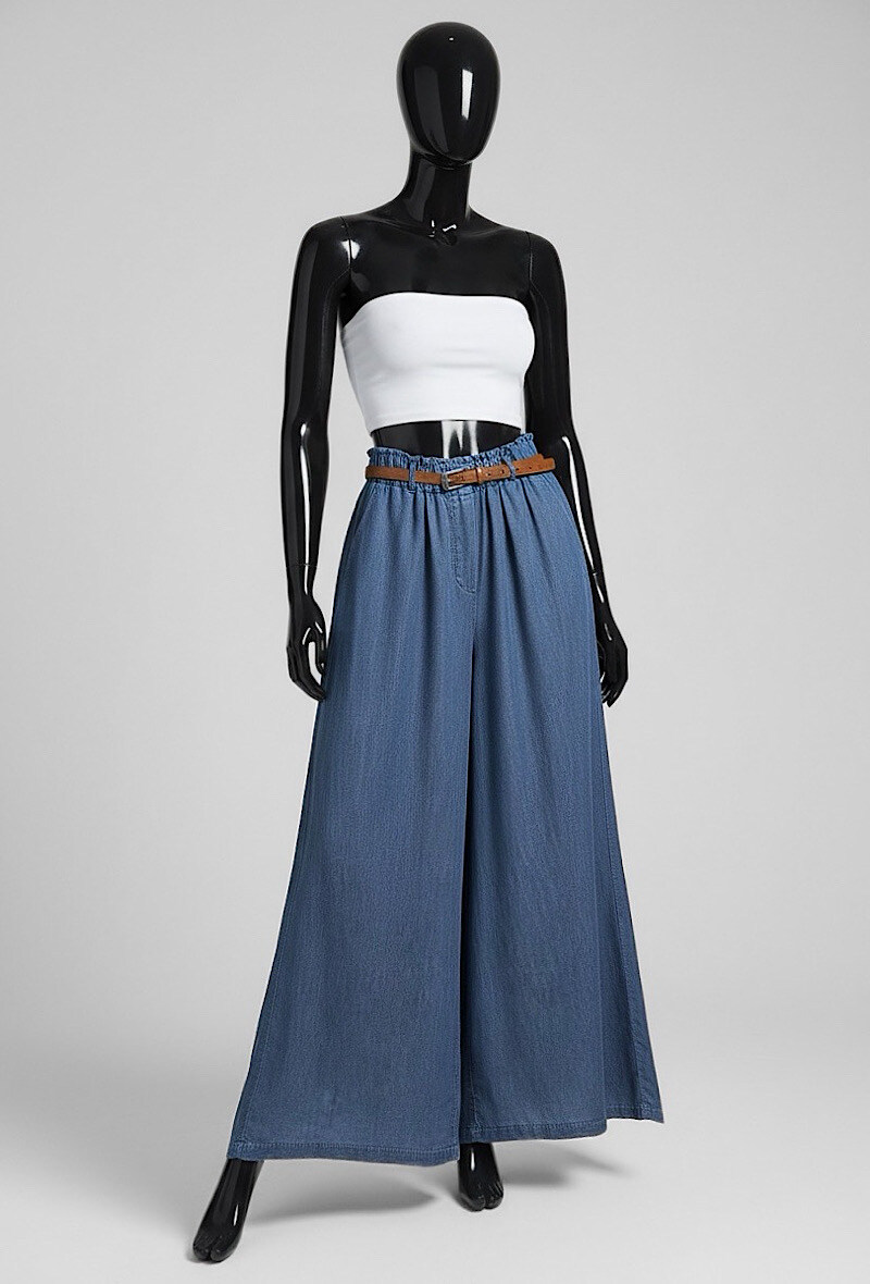 Mayorista Elle Style - Pantalones palazzo EVA muy fluidos en denim con bolsillos frontales y cintura elástica en MATERIAL LYOCELL con cinturón.