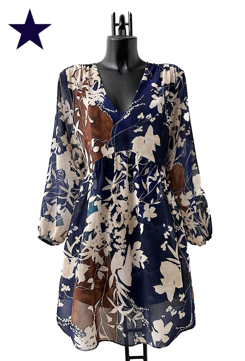 Großhändler Elle Style - CLEMENCE Printed dress, very fluid on the back, casual, with long sleeves