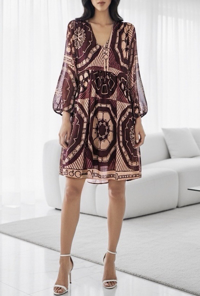 Grossista Elle Style - Abito CLEMENCE con stampa molto fluida, maniche lunghe, fodera in viscosa