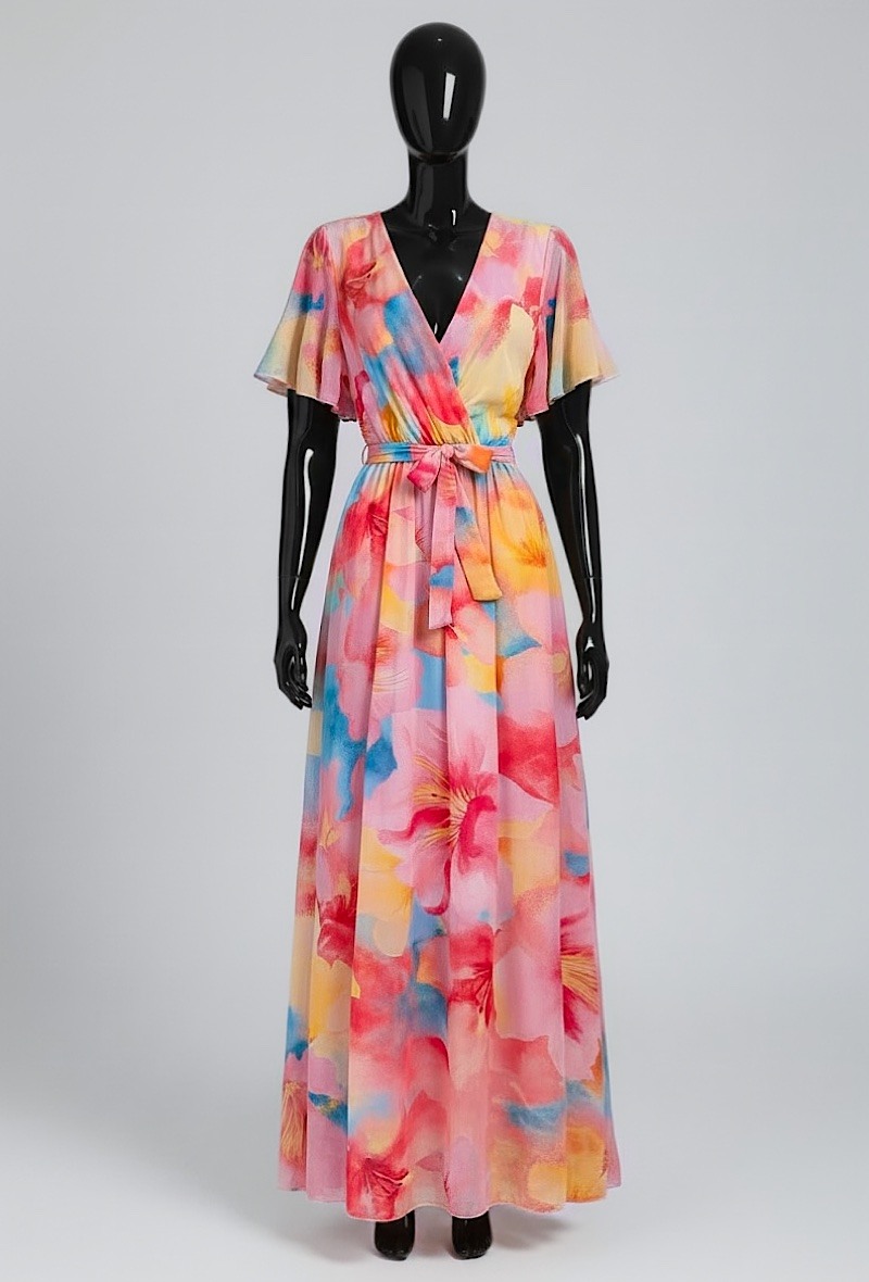 Grossiste Elle Style - Robe CHLOE croisé longue, imprimé avec doublure et manches fluide, chic et tendance