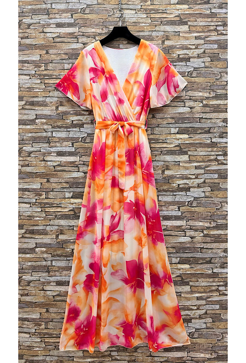 Grossista Elle Style - Abito lungo incrociato CHLOE, stampato con fodera e maniche fluide, chic e alla moda