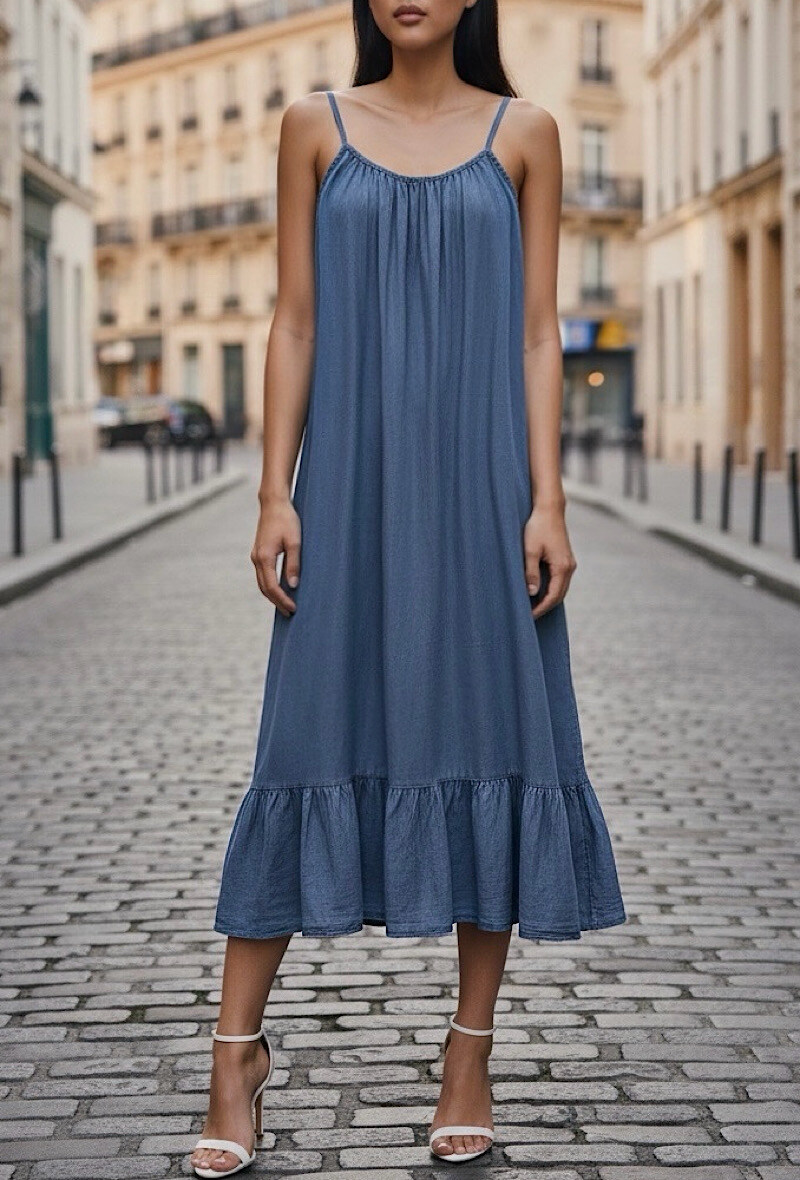 Großhändler Elle Style - REINA Kleid, sehr fließend aus Jeans mit Trägern, aus schickem und trendigem LYOCELL-Material