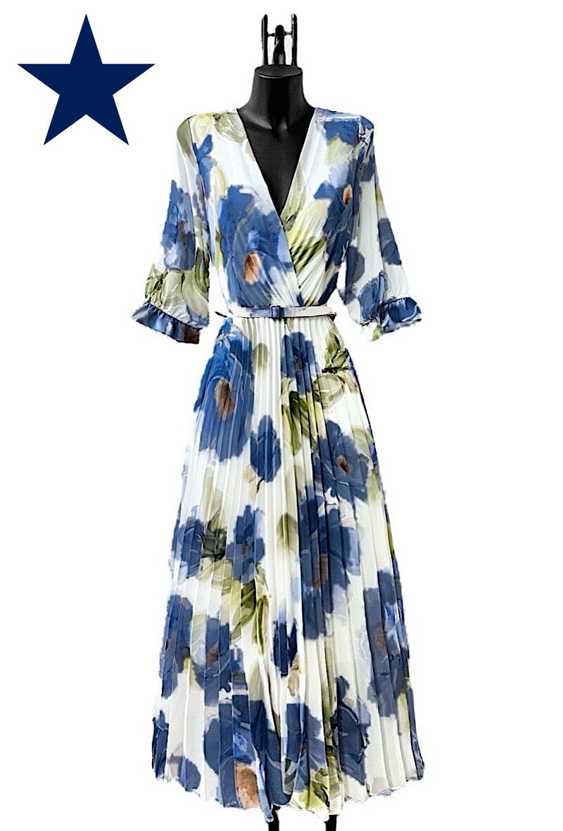 Grossiste Elle Style - Robe LISA plissée avec ceinture faite à la main