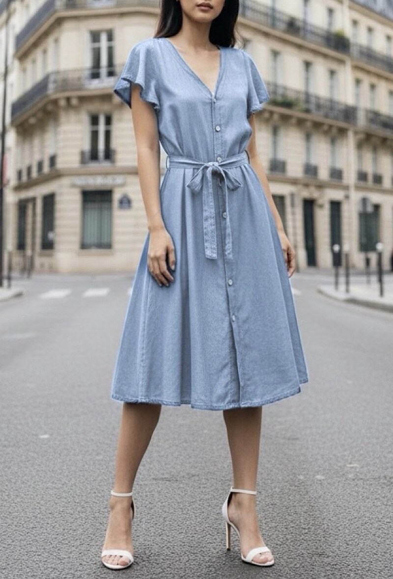 Grossiste Elle Style - Robe ALIYA très fluide en jean en MATIERE LYOCELL avec boutons avant chic et tendance.