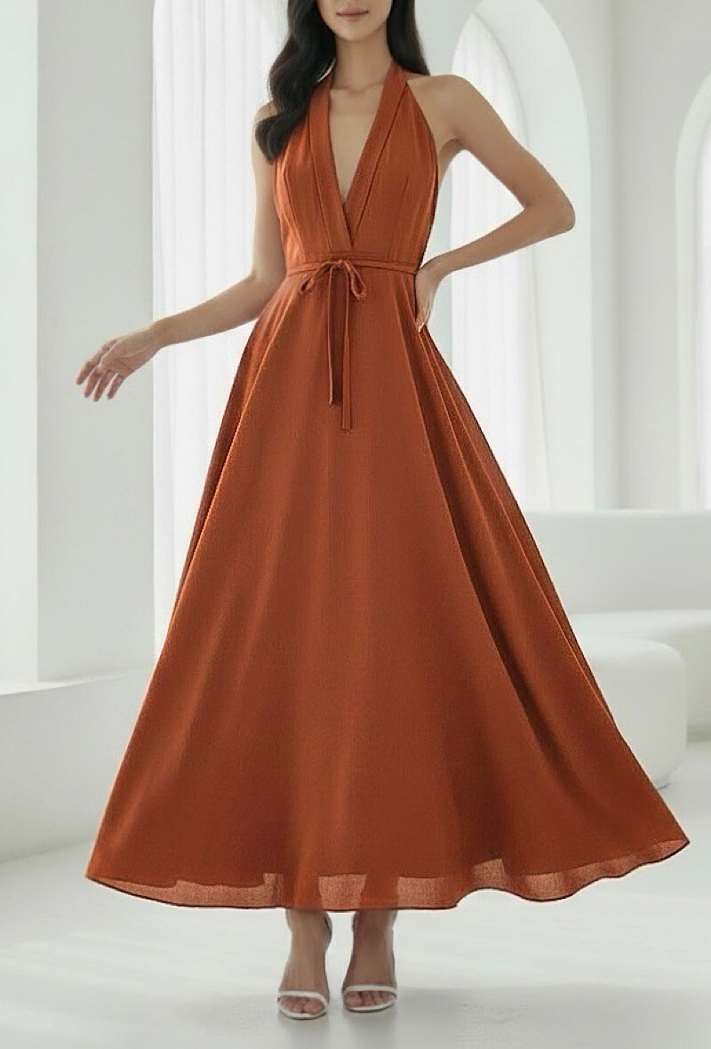 Grossista Elle Style - Abito incrociato JEANNE lungo, molto fluido in viscosa effetto lino, chic e alla moda