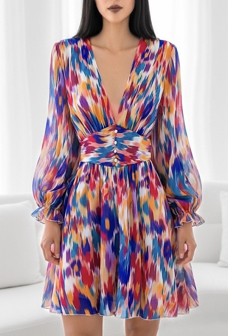 Mayorista Elle Style - Vestido JULIETTE estampado, con mangas largas, botones y forro de viscosa