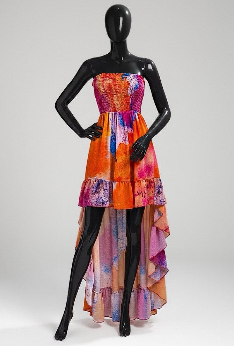 Grossiste Elle Style - Robe MADY, imprimé, bustier smockée avec doublure en viscose, fluide