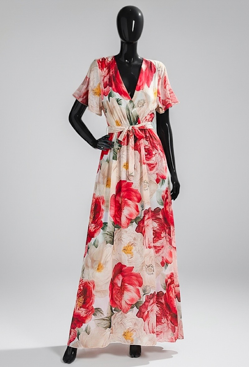Grossiste Elle Style - Robe CHLOE croisé longue, imprimé avec doublure et manches fluide, chic et tendance