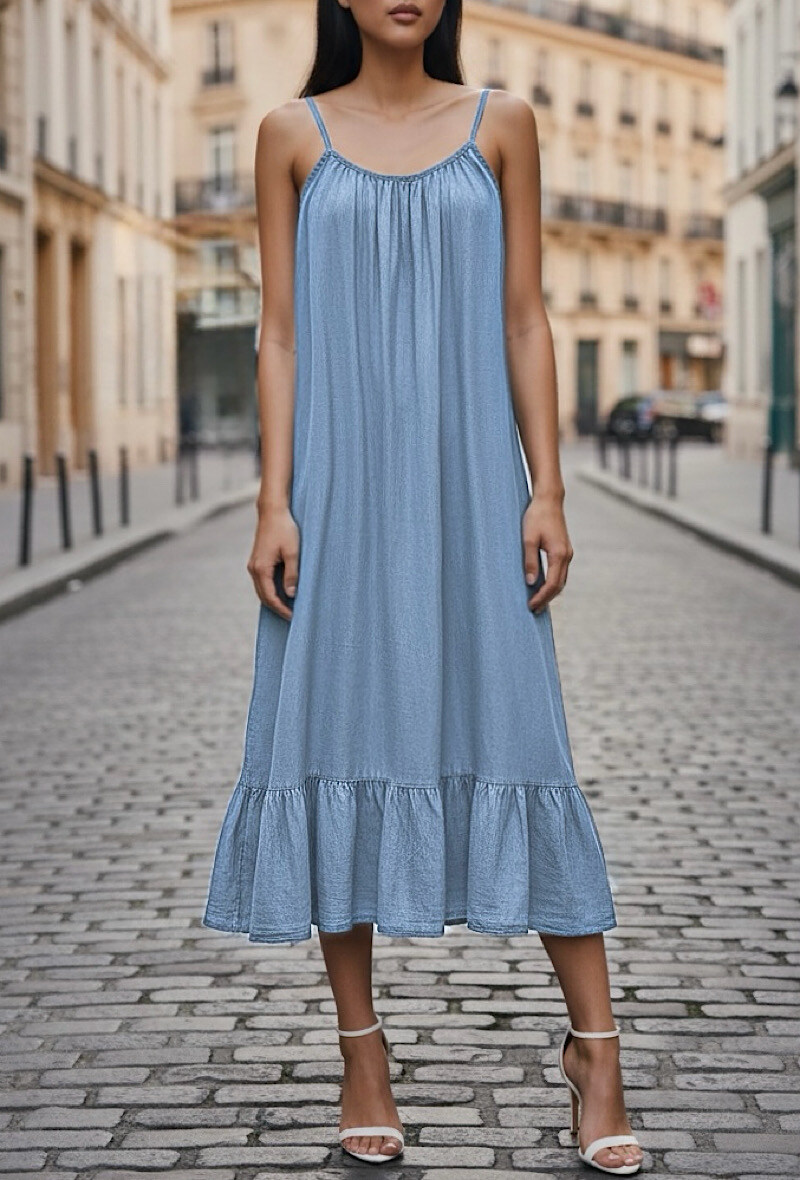 Großhändler Elle Style - REINA Kleid, sehr fließend aus Jeans mit Trägern, aus schickem und trendigem LYOCELL-Material