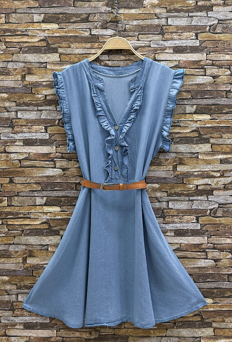 Grossista Elle Style - Abito GIANY molto fluido in denim in TESSUTO LYOCELL con cintura e bottoni, con dettagli arricciati molto chic e di tendenza