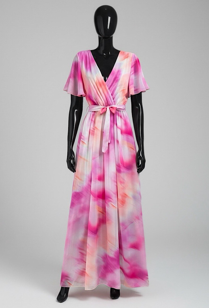 Grossiste Elle Style - Robe CHLOE croisé longue, imprimé avec doublure et manches fluide, chic et tendance
