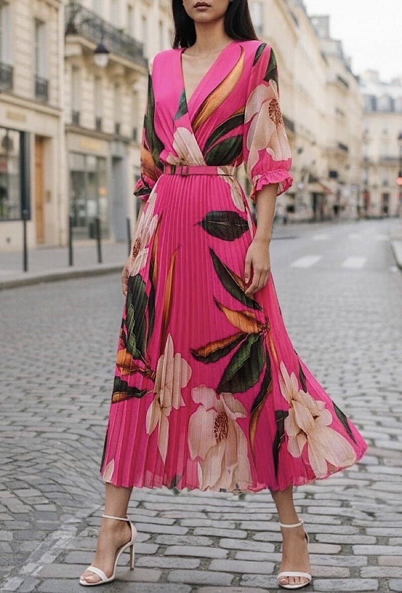 Grossista Elle Style - Abito LISA plissettato con cintura fatta a mano