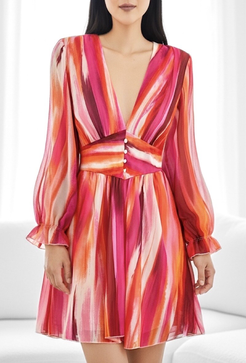 Mayorista Elle Style - Vestido JULIETTE estampado, con mangas largas, botones y forro de viscosa