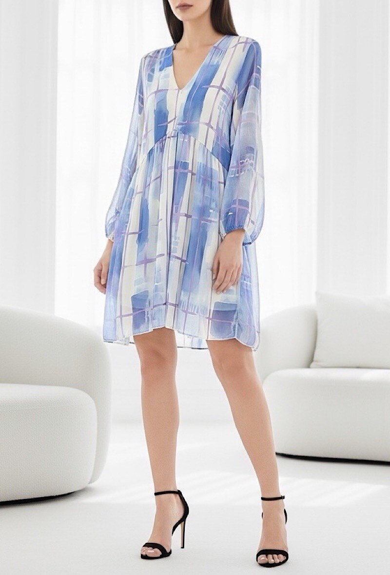 Grossista Elle Style - Abito CLEMENCE con stampa molto fluida, maniche lunghe, fodera in viscosa