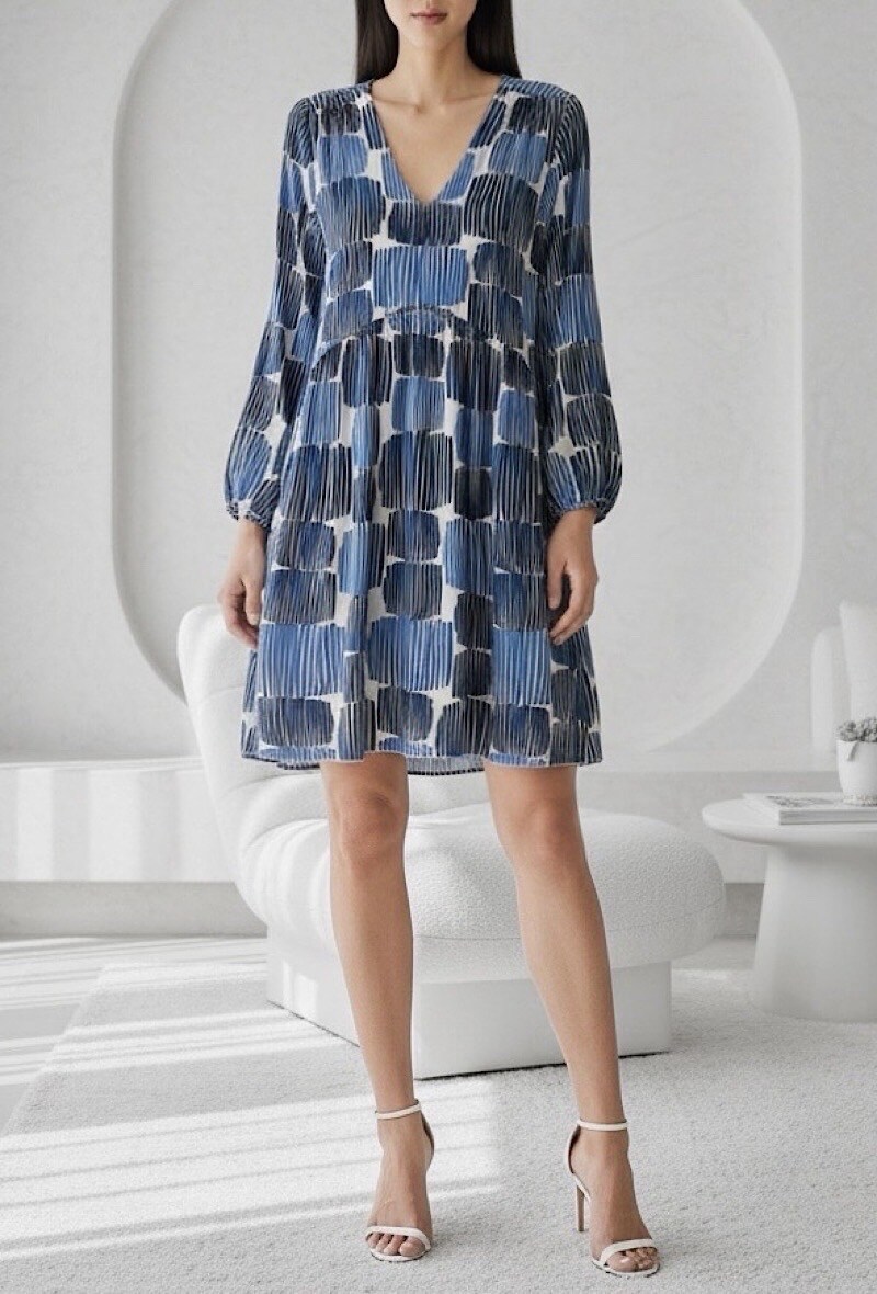 Grossista Elle Style - Abito CLEMENCE con stampa molto fluida, maniche lunghe, fodera in viscosa