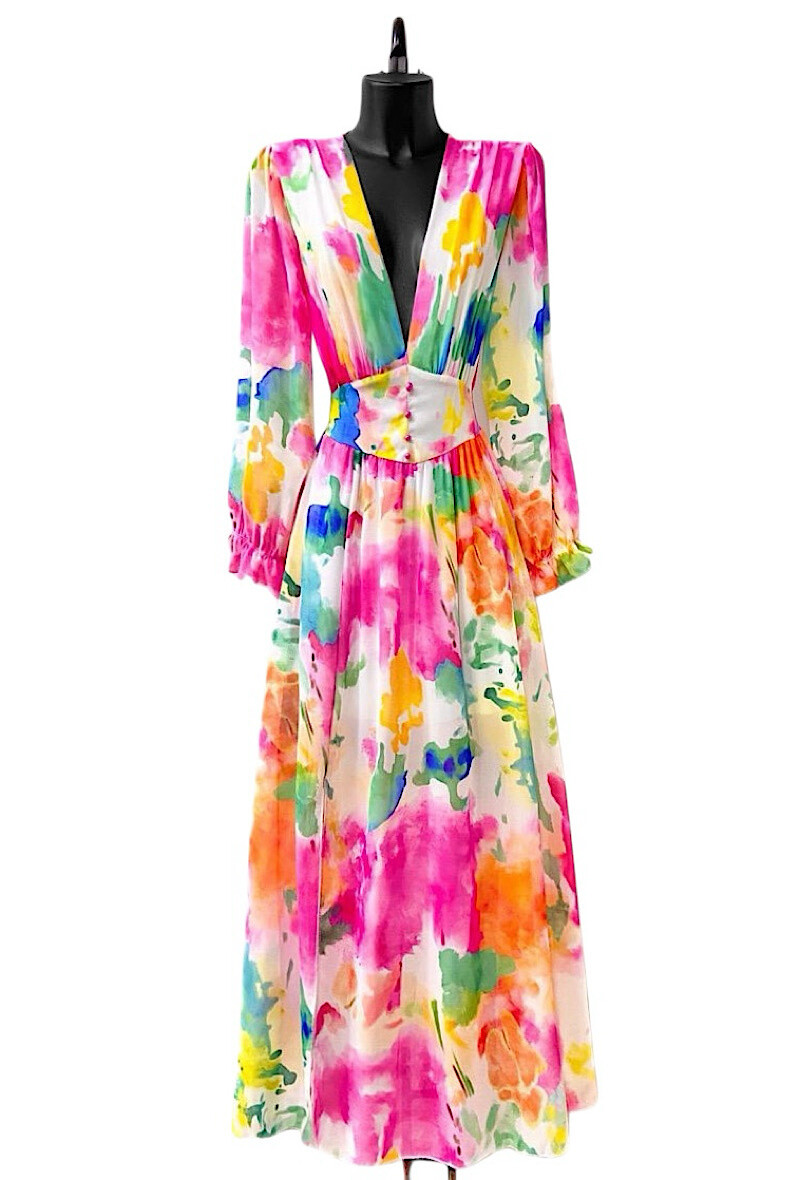Wholesaler Elle Style - JULIETTA printed dress, long sleeves, buttons and viscose lining with slit