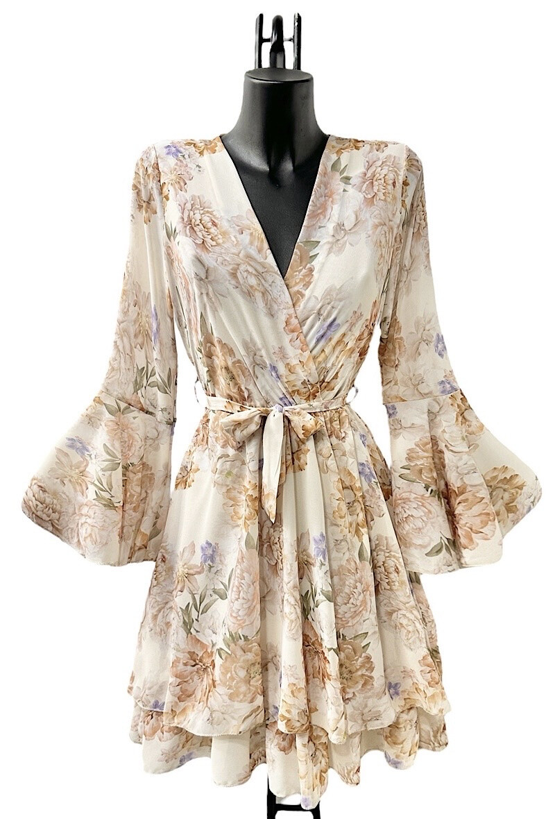 Grossiste Elle Style - Robe JOYCE imprimé, avec manches longues volantée et doublure en viscose