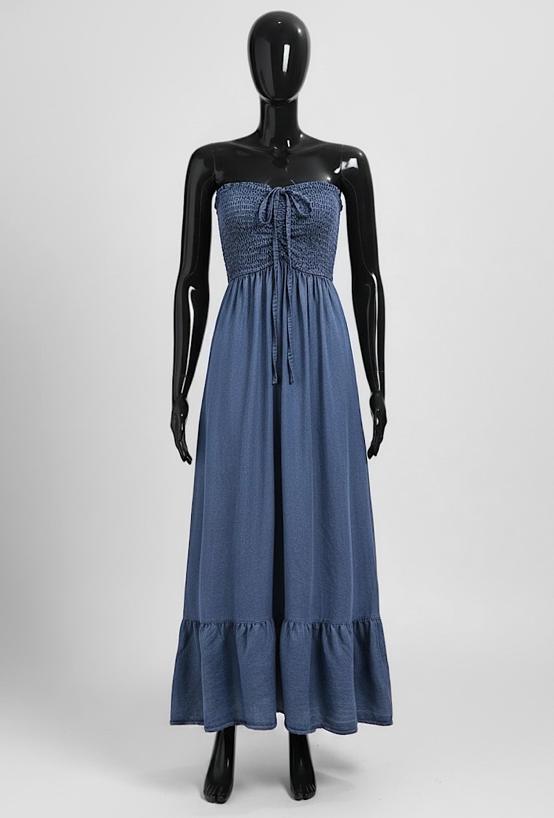 Mayorista Elle Style - Vestido JAKIE palabra de honor fruncido, muy fluido en denim de tela LYOCELL chic y a la moda