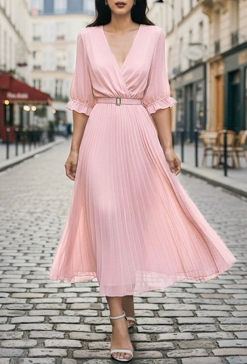 Mayorista Elle Style - Vestido LISA plisado con cinturón hecho a mano