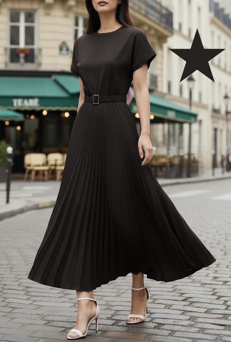 Mayorista Elle Style - Vestido plisado SISILE muy fluido en BI MATERIAL. TEJIDOS PREMIUM. Parte superior de viscosa con cinturón hecho a mano
