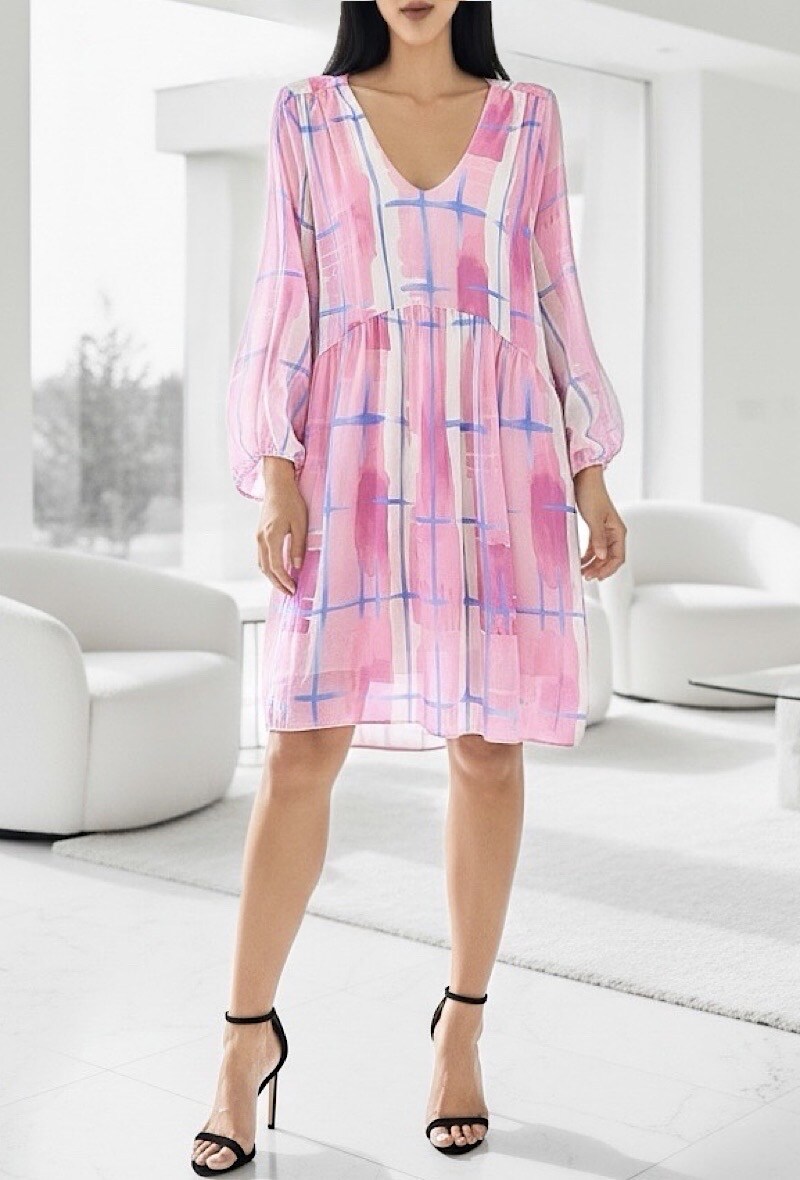 Grossista Elle Style - Abito CLEMENCE con stampa molto fluida, maniche lunghe, fodera in viscosa
