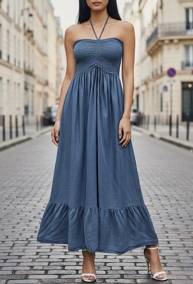 Mayorista Elle Style - Vestido JAKIE palabra de honor fruncido, muy fluido en denim de tela LYOCELL chic y a la moda