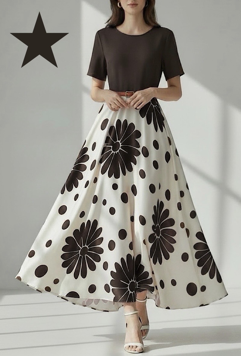 Großhändler Elle Style - TINA Kleid aus Viskose und Satin, sehr fließend in einer Zweistoff-Optik. Oberteil aus Viskose mit Gürtel.