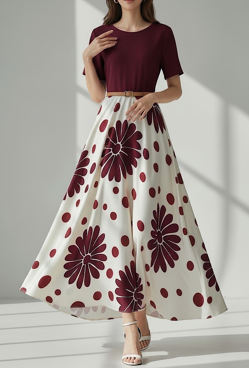 Grossiste Elle Style - Robe TINA viscose et satin très fluide en BI MATIÈRE. Haut en viscose avec ceinture.